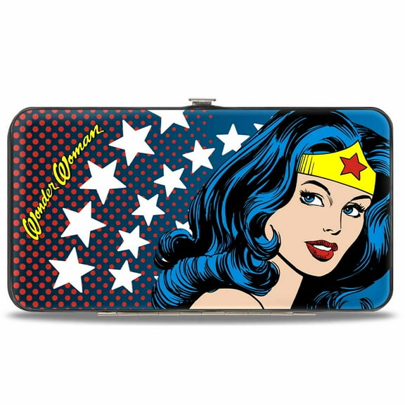 DC Comics Wallet, Hinged, Wonder Woman Stars Face Halftone Blues Red Yellow White, Vegan Leather