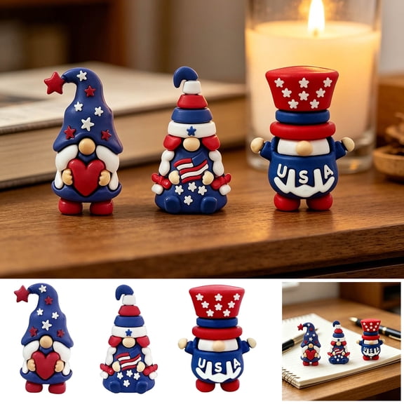 LWVITH 3 Pack Mini Patriotic Gnome Figurines, Red White Blue Dwarf Decor for 4th of July Independence Day, Silica Gnome with USA Flag and Star, Small Tabletop Ornament for Tiered Tray Shelf Desk