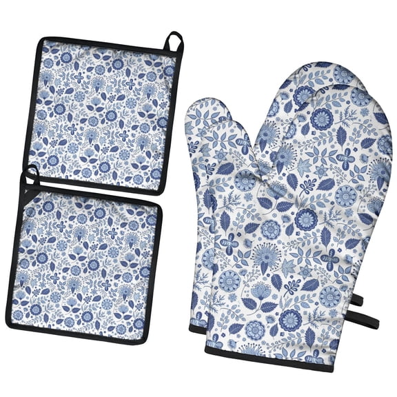 Pioneer Flower Floral Print Pattern 2-Pack Oven Mitts Set, Heat Resistant Kitchen Gloves, 7.7" X 12"