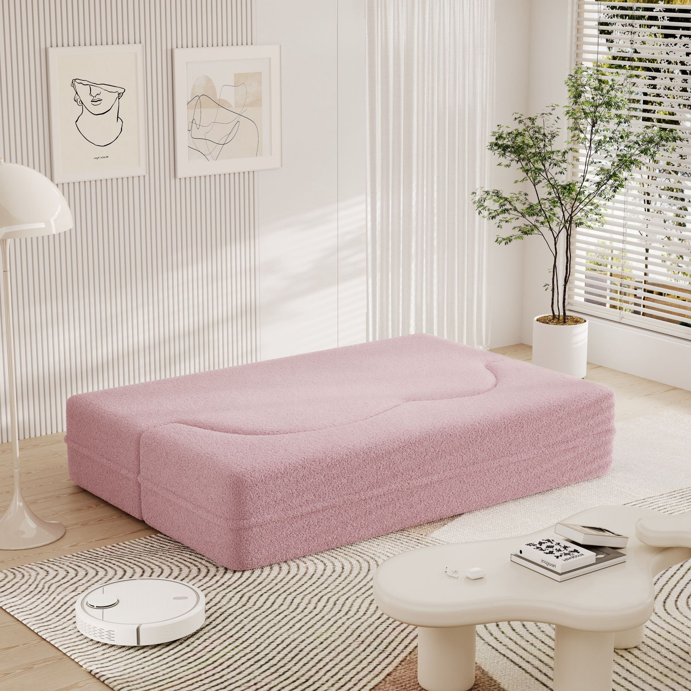 Aukfa 2-in-1 Convertible Couch Bed with 2 Pillows, Folding Floor Couch, 15" Full Size Bed Mattress, Memory Foam Sleeper Sofa Bed, Pink
