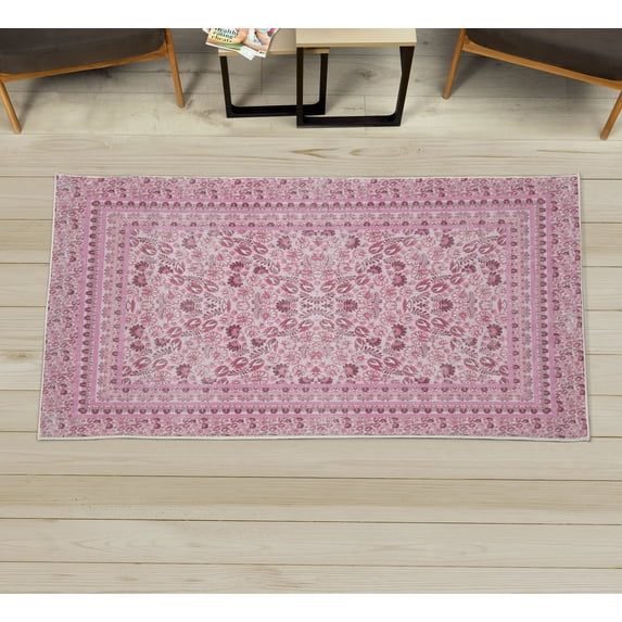 Floral Art Decorative Rug, Pastel Design Bohemian Nature Art of Vintage Leaves and Flowers, Quality Carpet for Bedroom Dorm and Living Room, 6 Sizes, Pale Pink, by Ambesonne