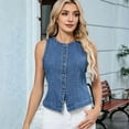 thumbnail image 2 of Denim Vest for Women Sleeveless Strechy Jean Vest Top Button Down Crewneck Casual Summer Western Waistcoat Blue M, 2 of 8