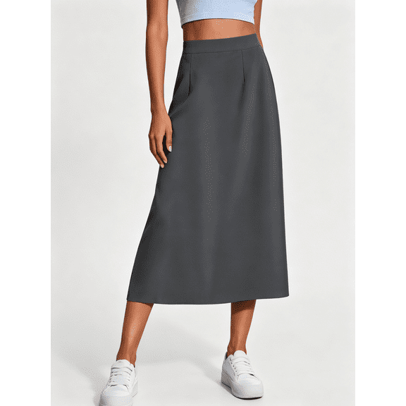 Busydd Skirts for Women Casual Solid Color High Waisted Midi Skirt Trendy Versatile A-Line Skirts S