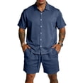 thumbnail image 2 of Sewkxo Mens 2 Piece Set Short Sleeve Lapel Collar Buttons Shirts Drawstring Beach Shorts Summer Beach Casual Set with Pockets,Navy 3XL, 2 of 6