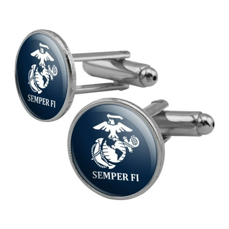 Platinum White Cufflinks Marine Corps USMC Semper Fi Blue White Logo Officially Licensed Round Cufflink Set Silver Color ()