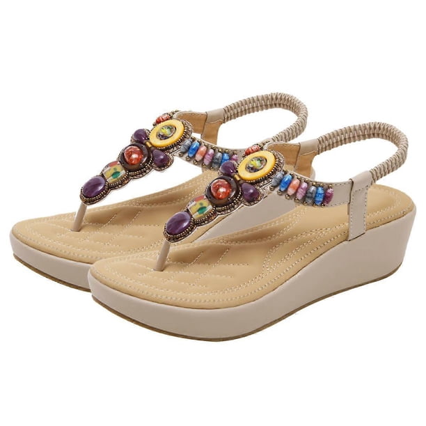 Retro Shoes For Women Bohemian Wedge Heel Sandals Summer Beach Wear Beige Patent Leather 1Pair
