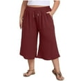 thumbnail image 2 of Htigea Clearance Women's Plus Size Capris Wide Leg Crop Casual Pants Comfy Summer Pants with Pockets Drawstring Today Sales Wine 2XL, 2 of 7