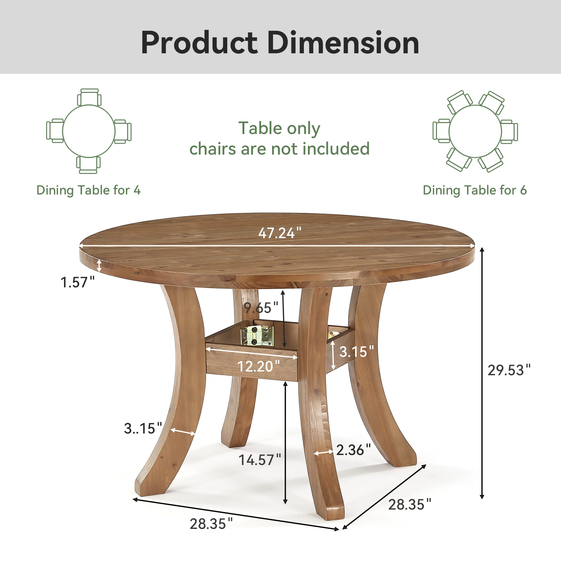 Hommoo Solid Wood Round Dining Table 47 Inch, Farmhouse Kitchen Table with Curved Splayed Legs for 4-6 People, Natural