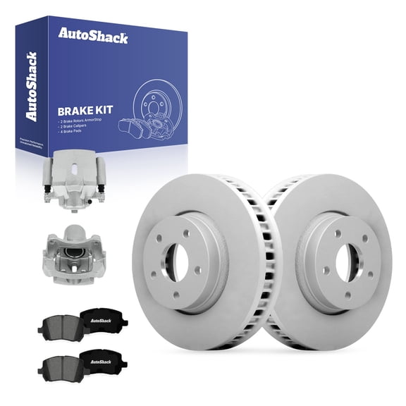 AutoShack Front Brake Rotors, Premium Pads & Calipers for Chevrolet & Pontiac, Malibu 2004-2012 G6 2006-2010, FWD L4 2.2L 2.4L V6 3.5L 3.6L 3.9L - Coated - ArmorStop - 11.65" (296 mm), 5-Lug