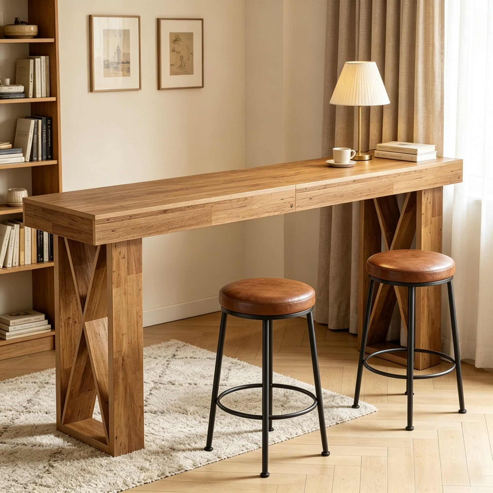 63" Rectangular Bar Table, Counter Height Pub Table with Industrial X-Frame