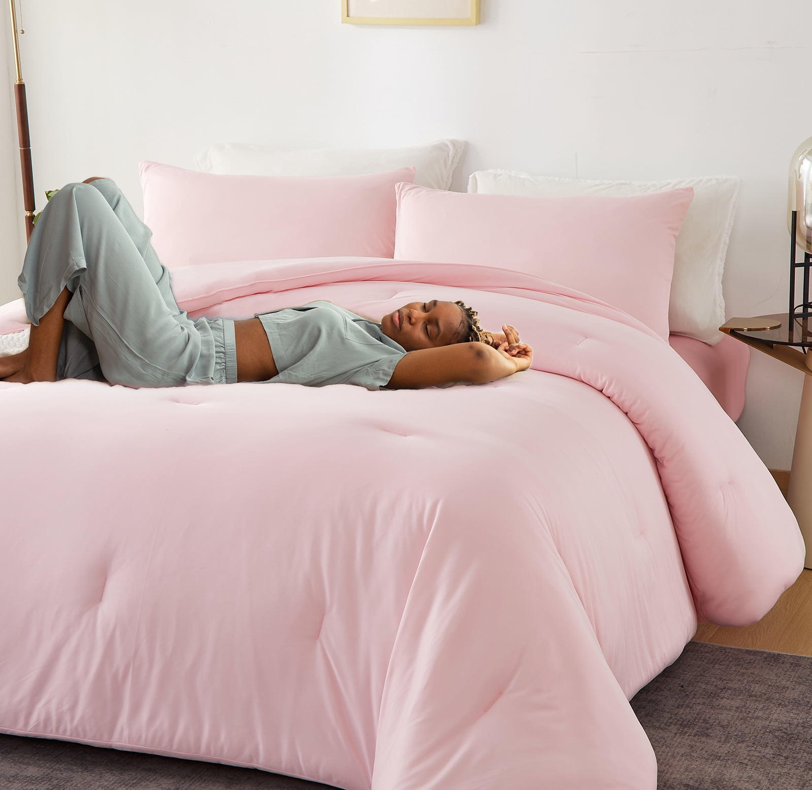 MorroMorn Pink Comforter Set Twin, 4 PCS Bed in a Bag for All Season, Pink Bed Set with Cloud Comforters, Fitted Sheets, Pillowcases, Ultra Soft for Girls Kids Teen Preppy Dorm (Pink, Twin/Twin XL)