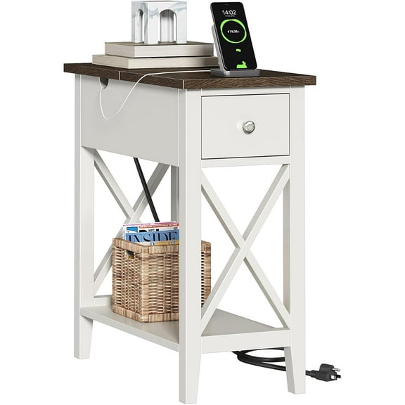 Farmhouse End Table with Charging Station, Accent Small Side Table Nightstand for Living Room, Bedroom, and Small Spaces - Soft White
