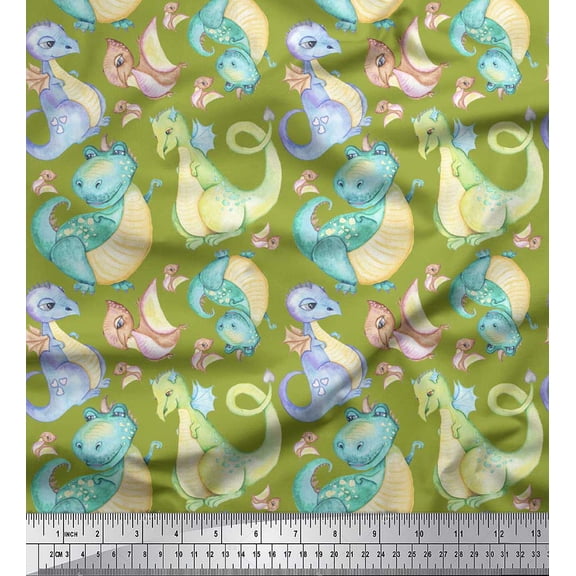 Soimoi Green Poly Georgette Fabric Dinosaurs Kids Print Sewing Fabric Yard 42 Inch Wide