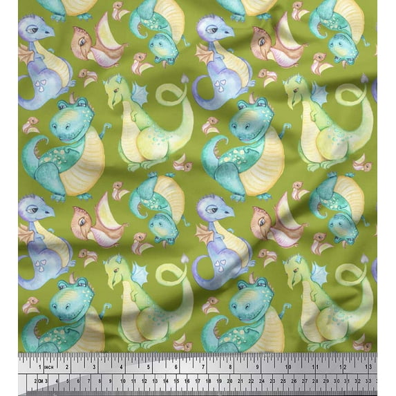 Soimoi Green polyester Crepe Fabric Dinosaurs Kids Print Fabric by the Yard 52 Inch Wide