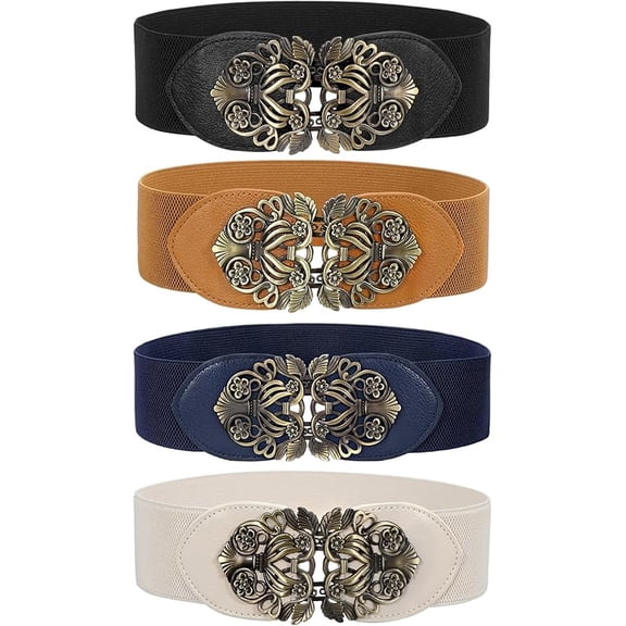 2/3/4 Piece Set Women's Vintage Wide Belt Dress, Elastic Waistband Vintage Interlocking Buckle