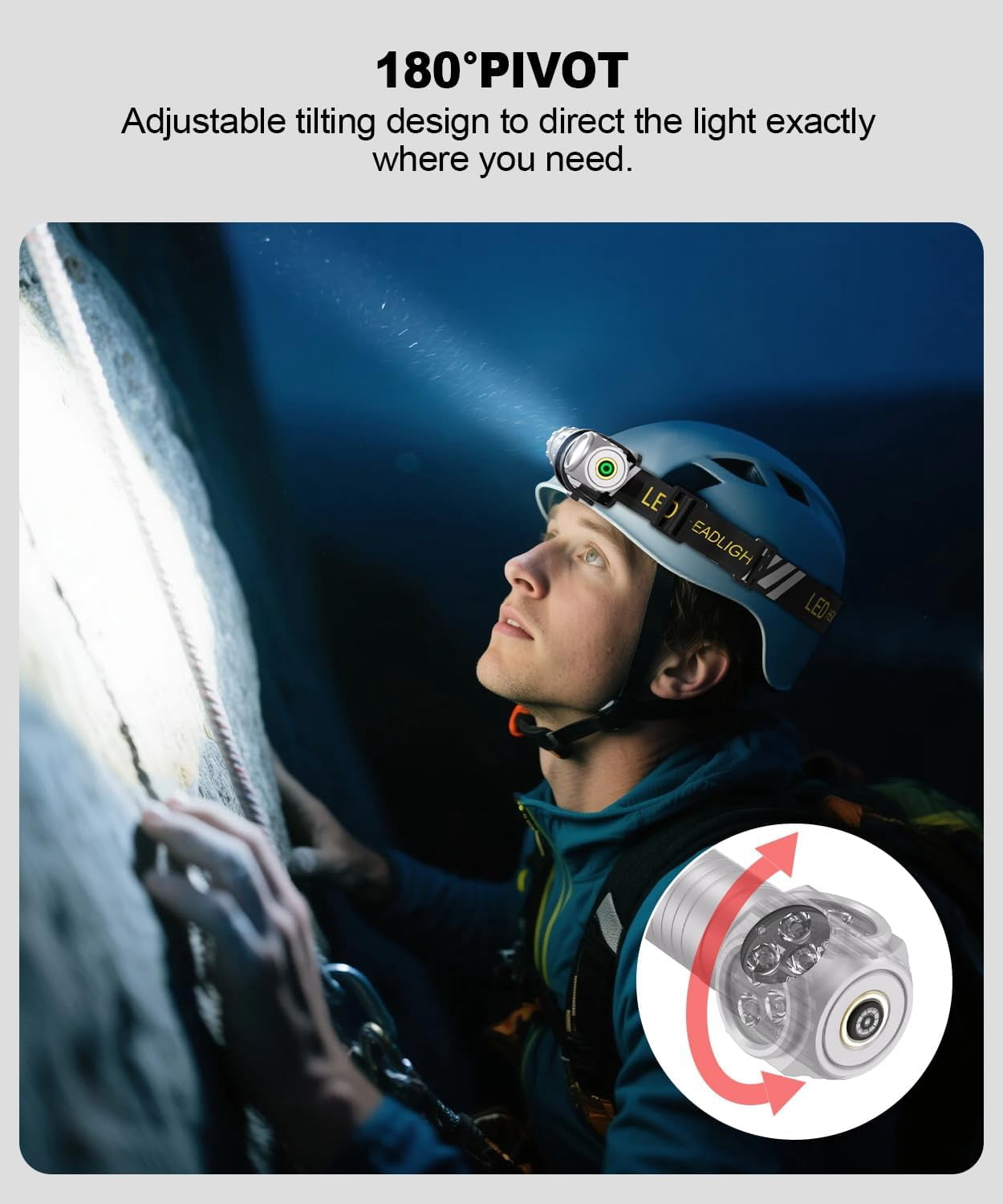 High Lumens LED Rechargeable Headlamp for Adults - Hard Hat Light Running Head Lamp with Red Light, Magnet, 180° Tilt, 7 Modes, Detachable Flashlight & Headband, Outdoor, Emergency 2PC, Silver