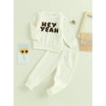thumbnail image 2 of Toddler Baby Girl Boy Fall Winter Waffle Outfit Set Letter Printed Long Sleeve Sweatshirt Tops + Drawstring Pants 2Pcs Set, 2 of 8