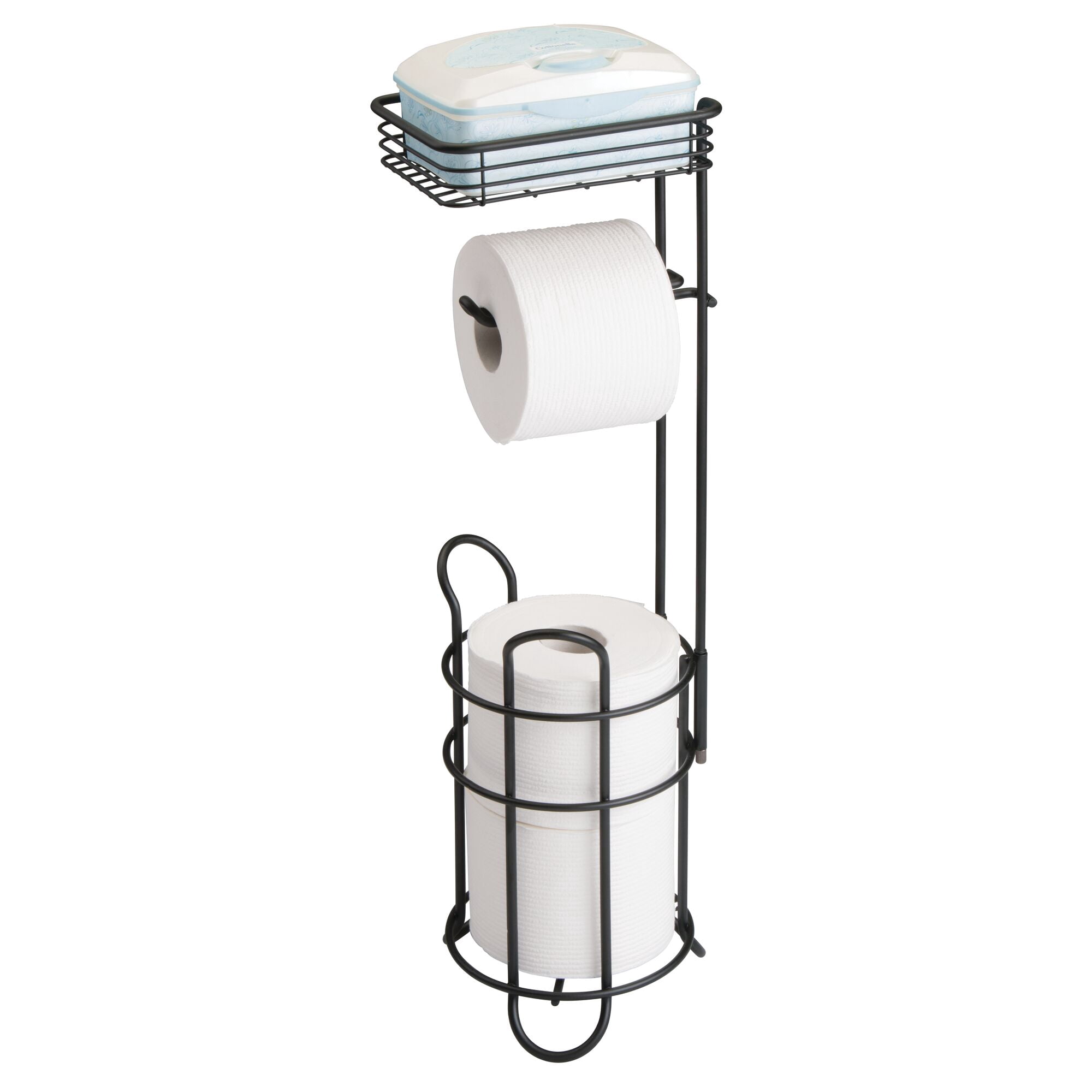 mDesign Steel Free Standing Toilet Paper Holder Stand and Dispenser, Matte Black