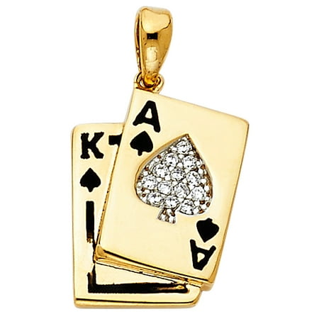 75in Pendant - 14K Solid Yellow Gold Polished Cubic Zirconia Spade Ace and King Card Pendant