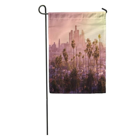 Patio Downtown KDAGR Purple California Beautiful Sunset of Los Angeles Downtown Skyline and Palm Trees in Foreground Orange Garden Flag Decorative Flag House Banner 28x40 inch ()