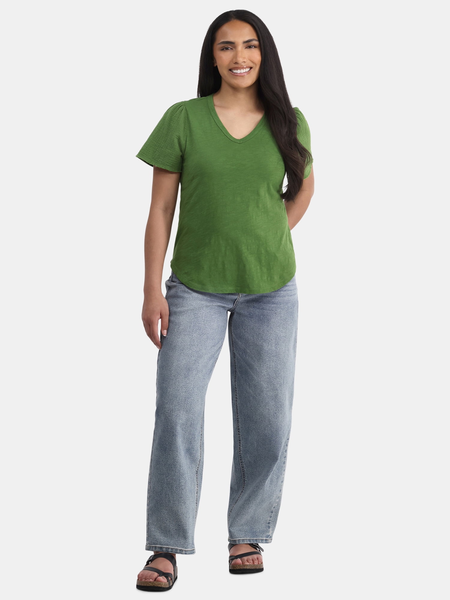 Time and Tru Women's Cotton Mixed Fabric V Neck Tee, Sizes XS-XXXL