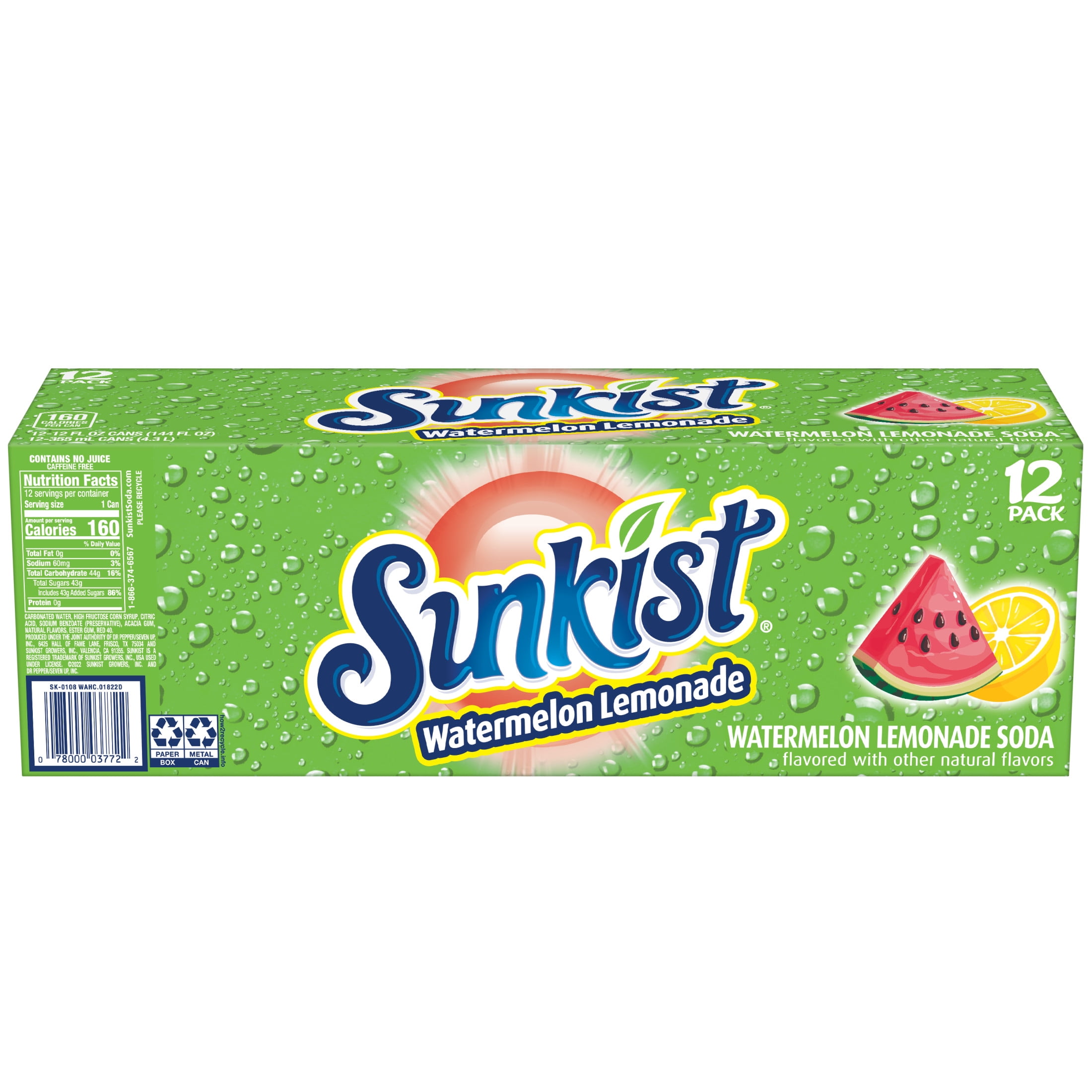 Sunkist Caffeine Free Watermelon Lemonade Soda Pop, 12 fl oz, 12 Pack Cans