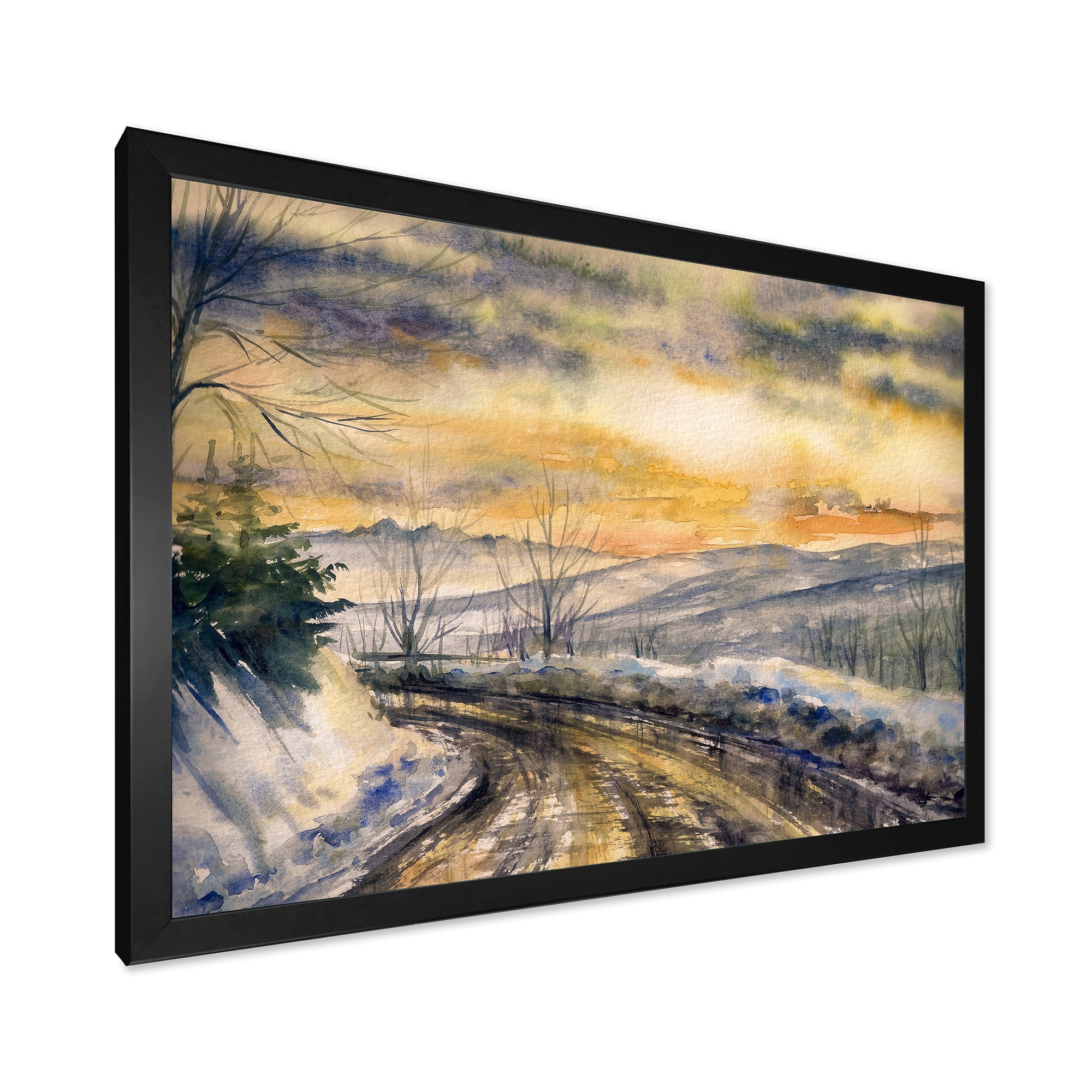 Designart 'Road Under Bright Sunset With Winter Landscape' Traditional Framed Art Print