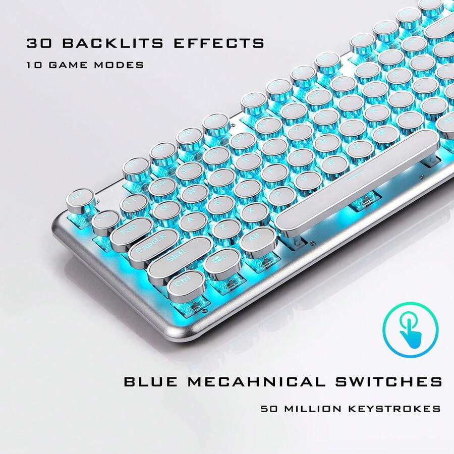 Wired Mechanical Keyboard, 104 Key Beautiful Typewriter Keyboard, Blue Backlight, Anti Ghosting, Blue Switch Wired Cute Keyboard - White, Including A USB Charging Cable