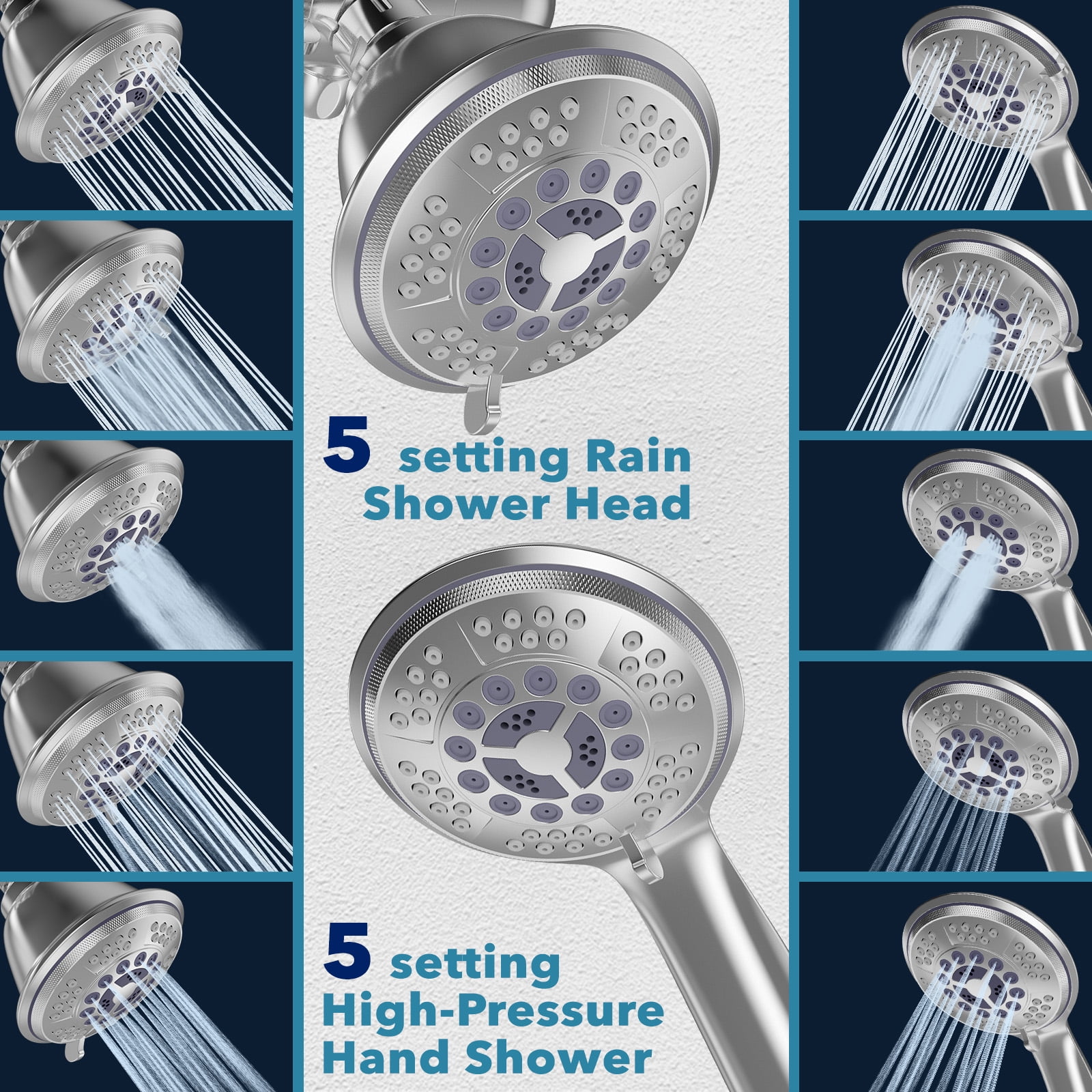Cshidworld Premium High Pressure Dual Shower Head, 3-Way Rainfall Combo, 5 Spray Handheld Shower Head and 5 Spray Rain Showerhead with 60” Stainless Steel Hose Separately or Together, Chrome