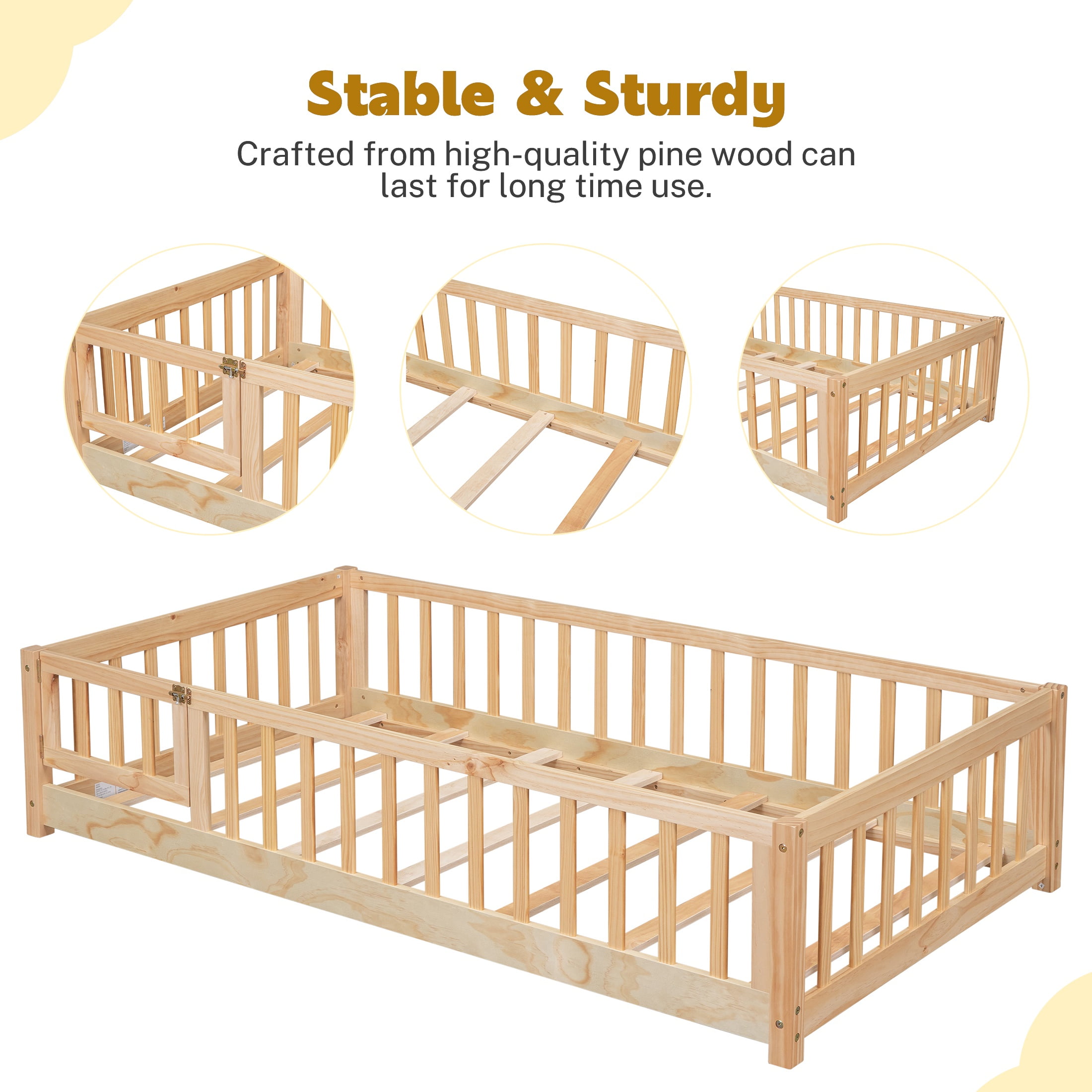 PAPROOS Twin Montessor Floor Bed, Solid Wood Toddler Bed with Safety Guardrail and Door, Easy Assembly, Low-to-Floor Bed Frame with Slats for Kids, Natural