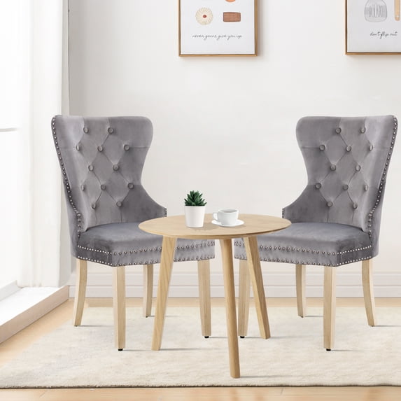 Foredo Velvet Dining Chairs Set of 2, Elegant Upholstered Side Chair with Tufted Back and Solid Wood Legs, Kitchen Chairs for Dining Room Living Room, Light Gray