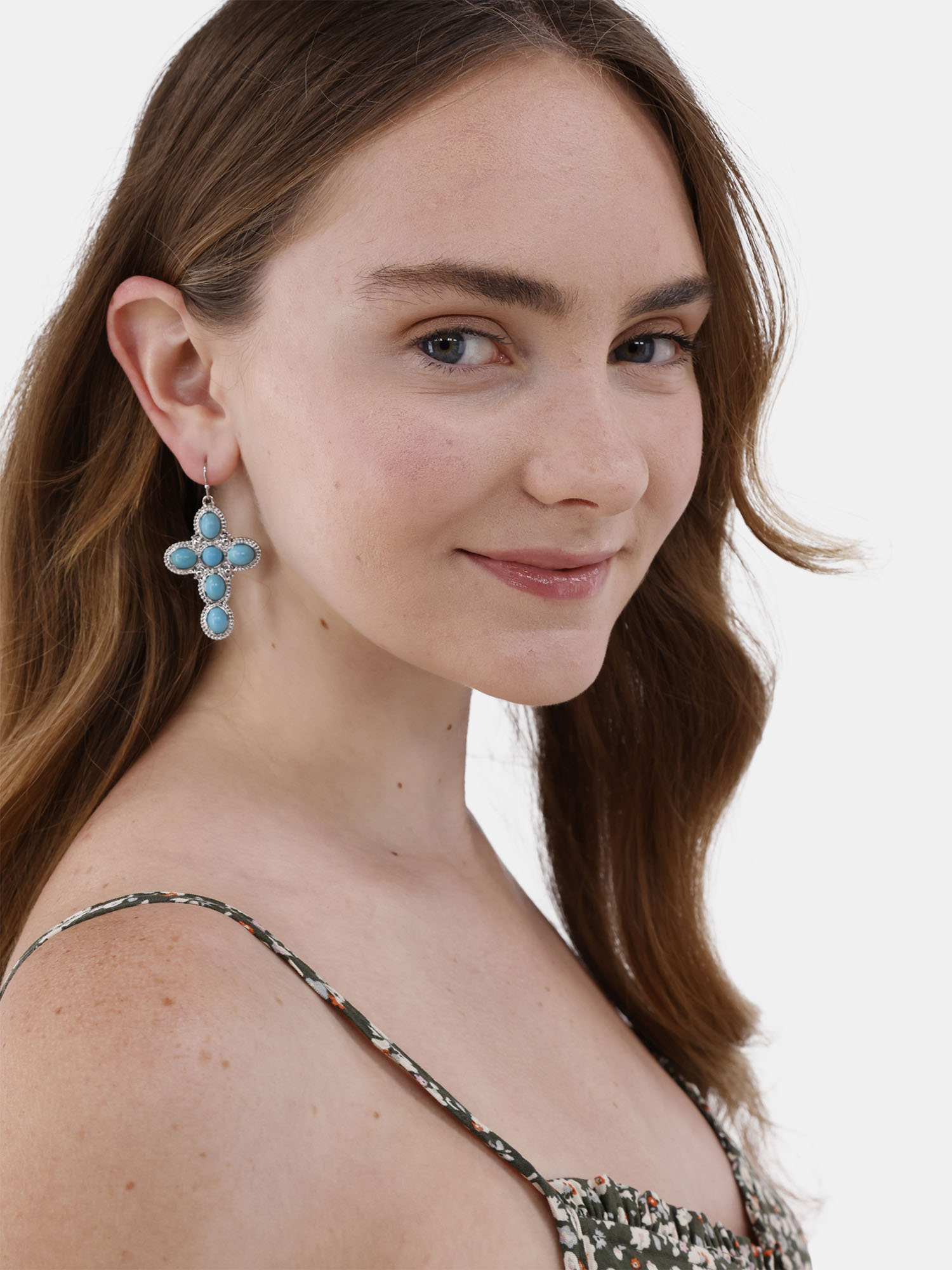No Boundaries Silver-Tone and Simulated Turquoise Cross Earrings, Women’s