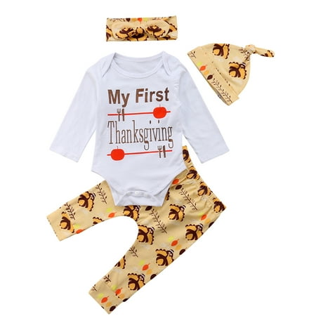 

4pcs Thanksgiving Outfit Baby Girl Letter Turkey Print Romper+Pant +Hat +Headband