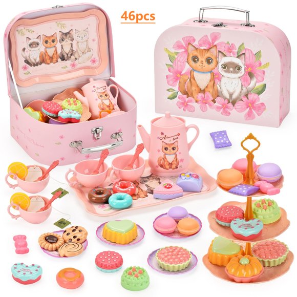 Kids' Pretend Play Afternoon Tea Set with Tin Carrying Case - 46PCS Includes Teapot, Cups, Plates, Sweet Treats & 2-Tier Cake Stand, Safe & Durable Toy for Creative Social Learning, Ideal Gift for