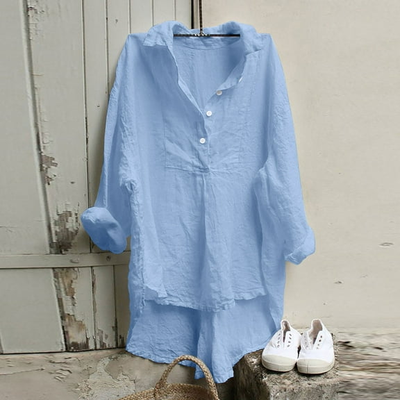 Itsame Womens Button Down Shirts, Loose Long Sleeve Classic Solid Color Cotton Linen Casual Tees Blue 2XL