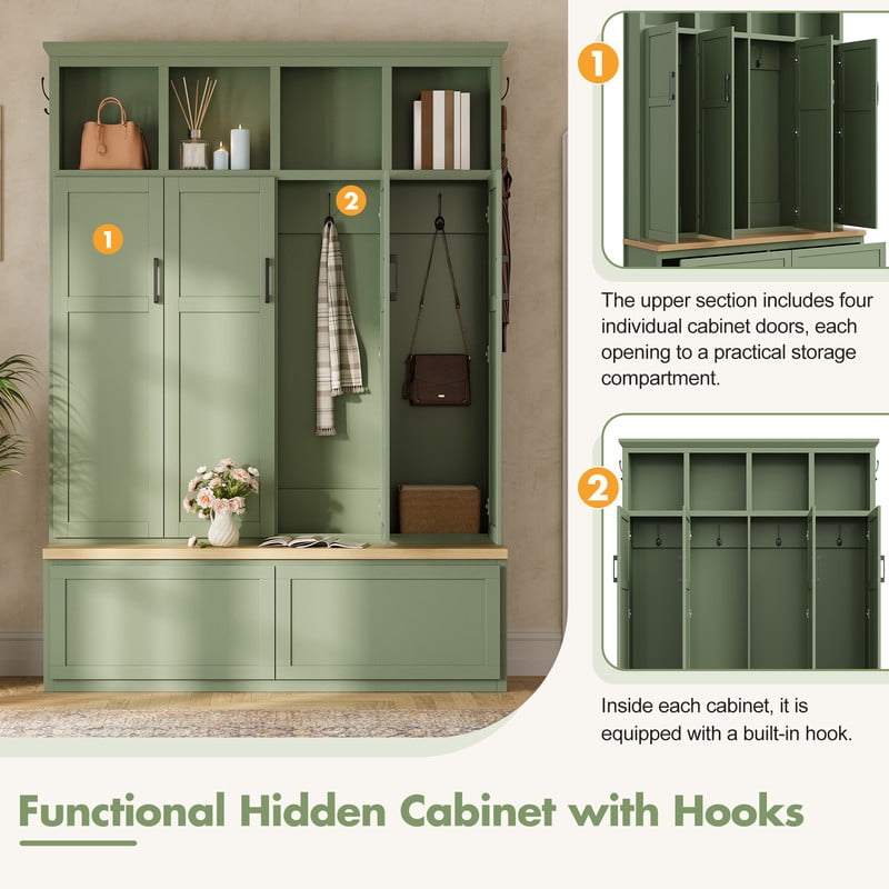 Modern Farmhouse Hall Tree with Bench and Storage Cabinets, Entryway Coat Rack with 6 Hooks, 4 Hidden Cabinets, Drawers and Open Shelves, Mudroom Organizer for Hallway, Living Room