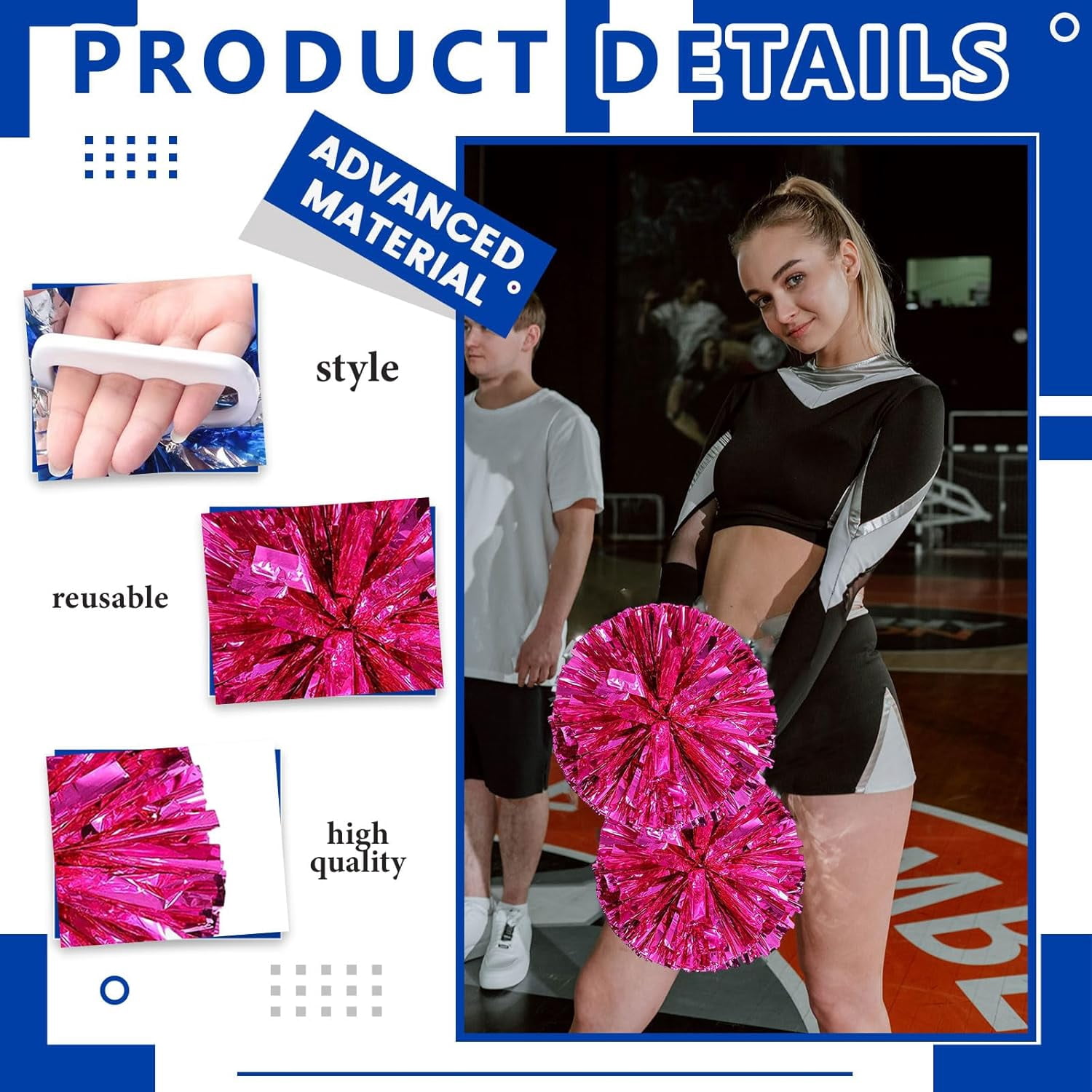 Cheerleader Pom Poms 12 Pack Sports Dance Cheering Plastic Metallic Cheerleading Pom Poms for Kids Adults