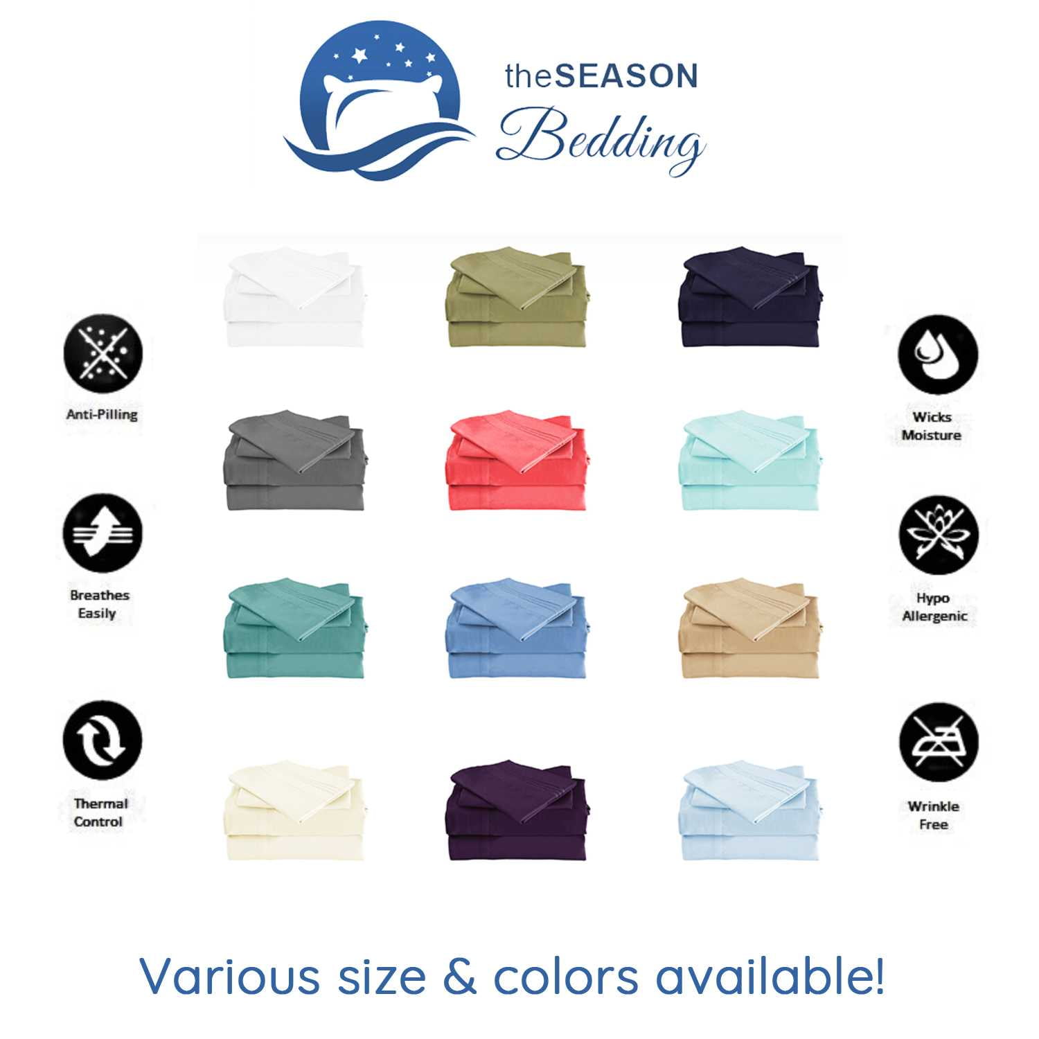 the Season Essentials Wrinkle Free Sheet Sets with Deep Pockets & Stain Resistant, 1800 Thread Count Bamboo Based – Light Blue, Queen