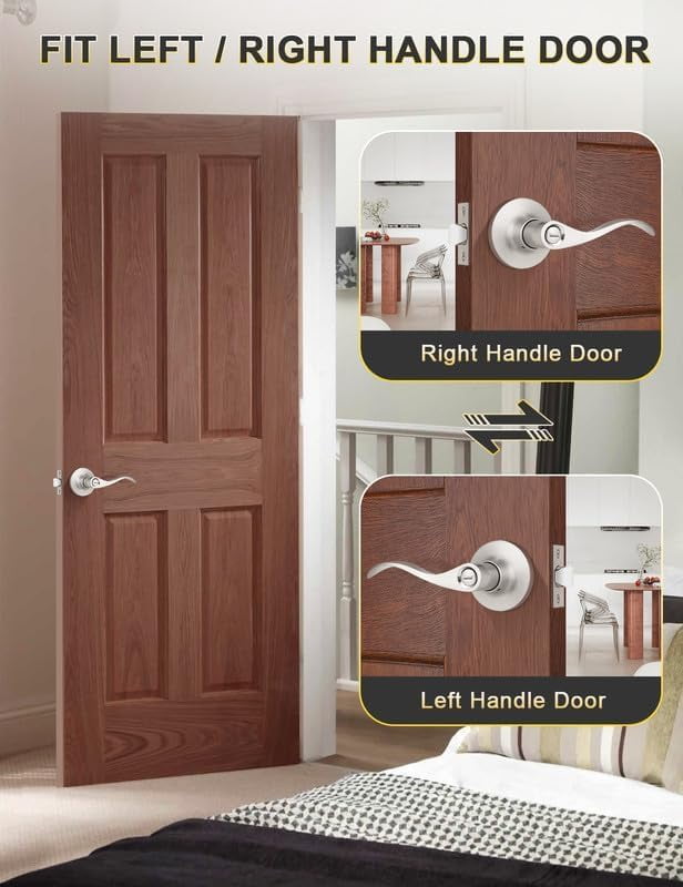3 Pack Satin Nickel Privacy Door Lever, Modern Interior Door Knobs Locks for Bedroom and Bathroom, Heavy Duty Door Handle, Reversible Wave Lever Handle