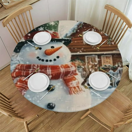 

Ollo0ord Christmas Round Table Cover Waterproof Reusable Table Cloth Round Fitted Elastic Tablecloth for Party Outdoors - Christmas Snowman Farmhouse Snow Scenery 38 -42
