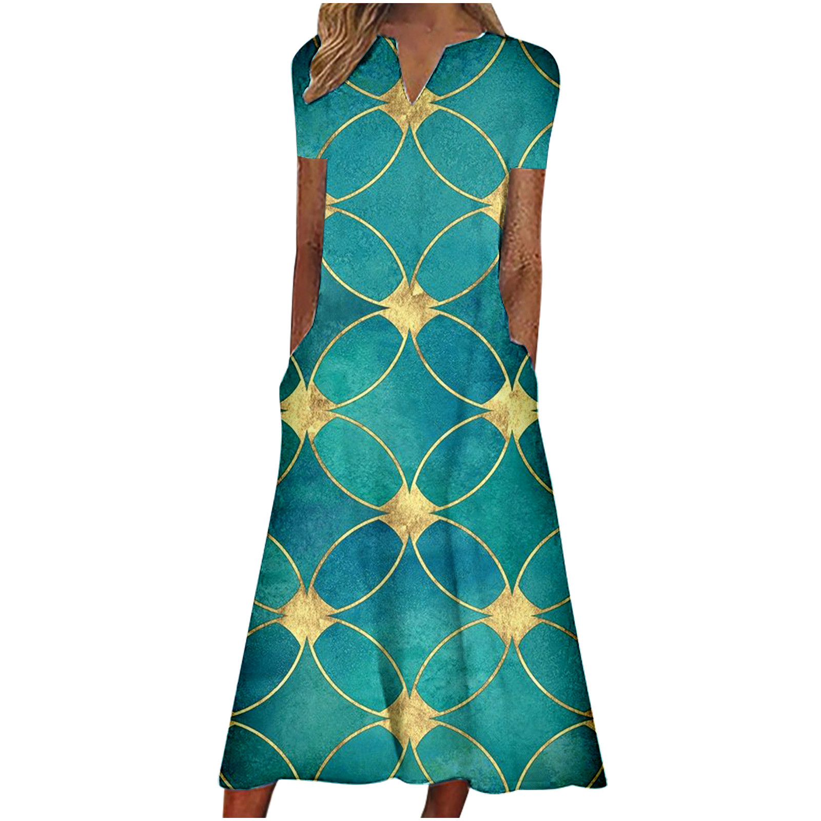 Gaecuw Long Dresses Women Notch Neck Tshirt Dress Short Sleeve Calf