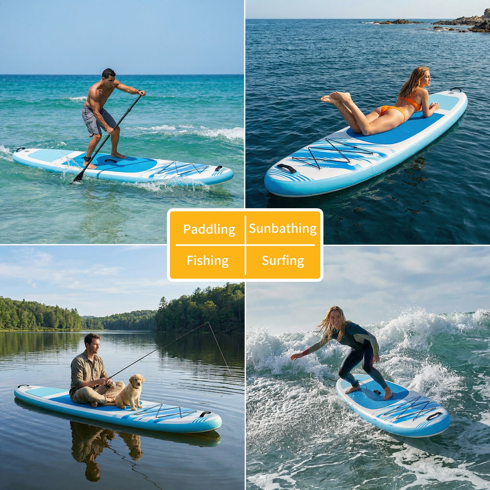 JIOABL 10'5" Inflatable Stand Up Paddle Board, Wide Stable Design, Non-Slip Deck, with Premium SUP Paddle, Pump, Backpack & Leash, Blue White