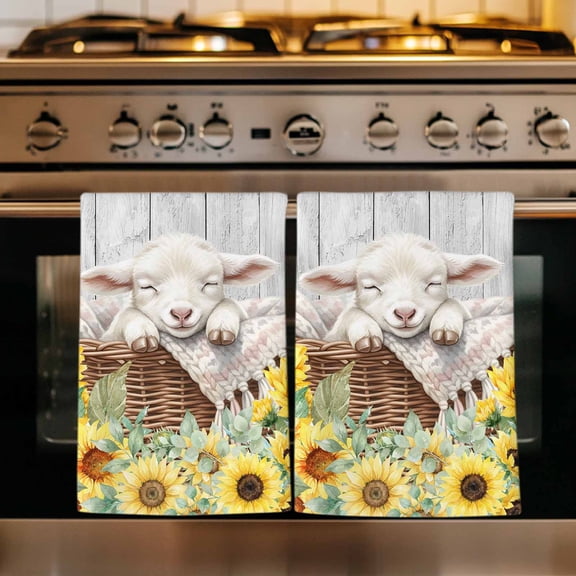 Farmhouse Sheeps Kitchen Towels Set of 3, Country Cabins Sunflowers Wooden Grain Absorbent Dish Towels for Kitchen, Microfiber Hand Towel, Quick Drying Tea Towel for Cleaning Decorative Dishcloths
