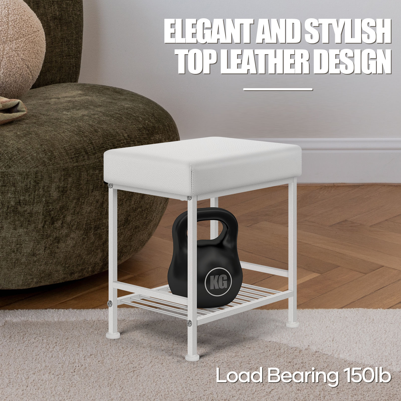 Small Ottoman with Storage Shelf, Square Ottoman Foot Rest Under Desk with Adjustable Leg, White Pouf Vanity Stool for Living Room, Bedroom