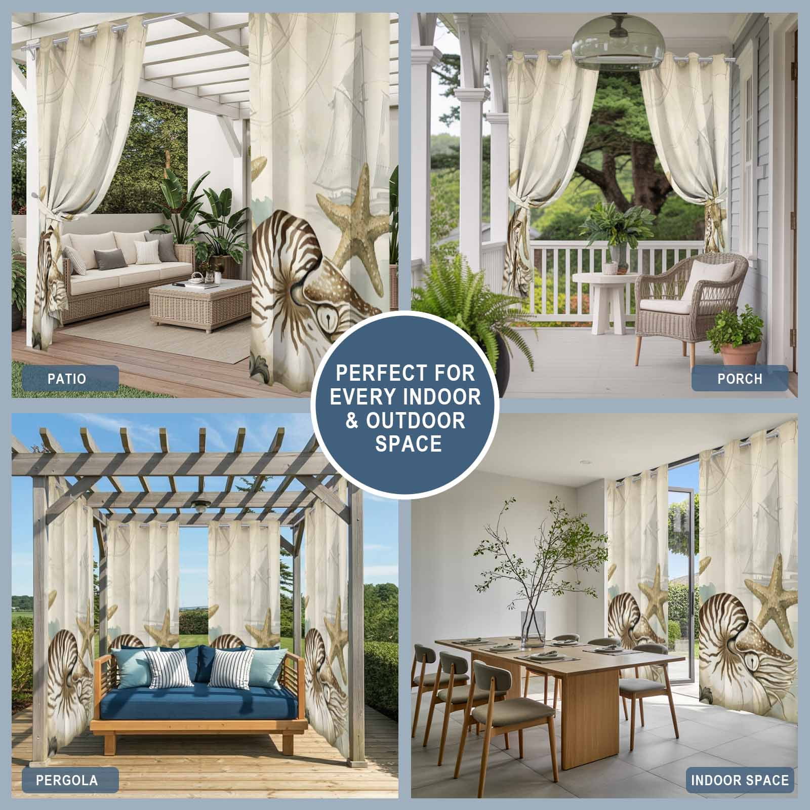 Nautical Sailboat Outdoor Curtains for Patio, Conch Yellow Starfish Vintage Watercolor Sunshade Privacy Drapes Grommet Waterproof Outside Curtains for Porch/Cabana/Balcony 54"x 108", 1 Panel