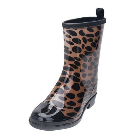 

VKEKIEO Round Toe Womens Rain Boots High Heel Slip-On Brown 39