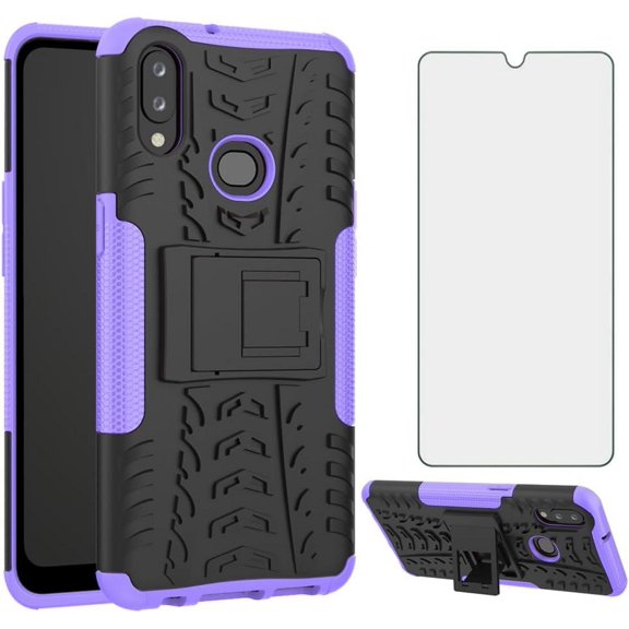 Phone Case for Samsung Galaxy A10s with Tempered Glass Screen Protector and Slim Stand Hybrid Heavy Duty Rugged Protective Cell Cover A01S M01S Kickstand Mobile Accessories Women Men Purple
