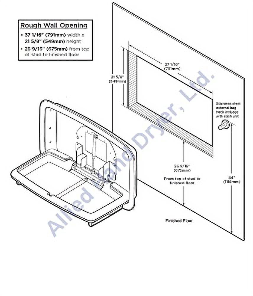 Baby Changing Station, Wall Horizontal Mount, 37.06 X 21.63, Gray
