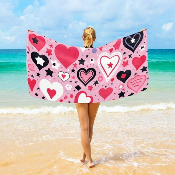 Valentine Love Hearts Beach Towel Camping Towel Microfiber Oversized 37" x 74" Absorbent for Seaside Camping Swimming Fitness
