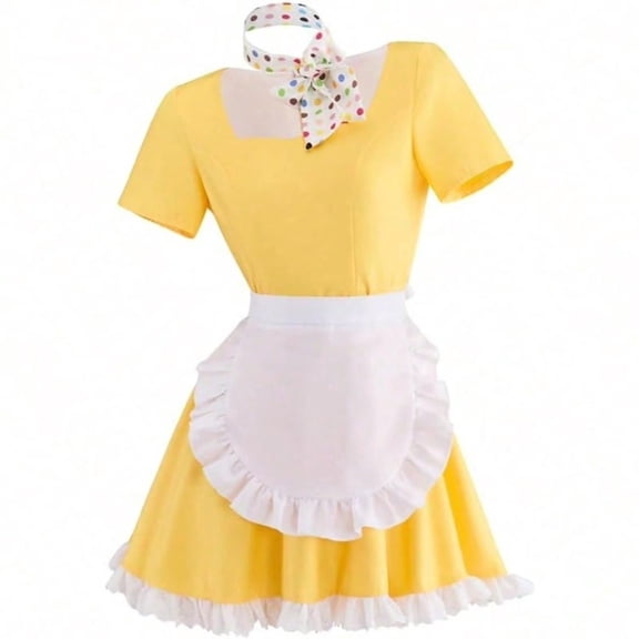 Women’s Yellow Waitress Maid Dress Cute Fancy Outfit with Apron Set